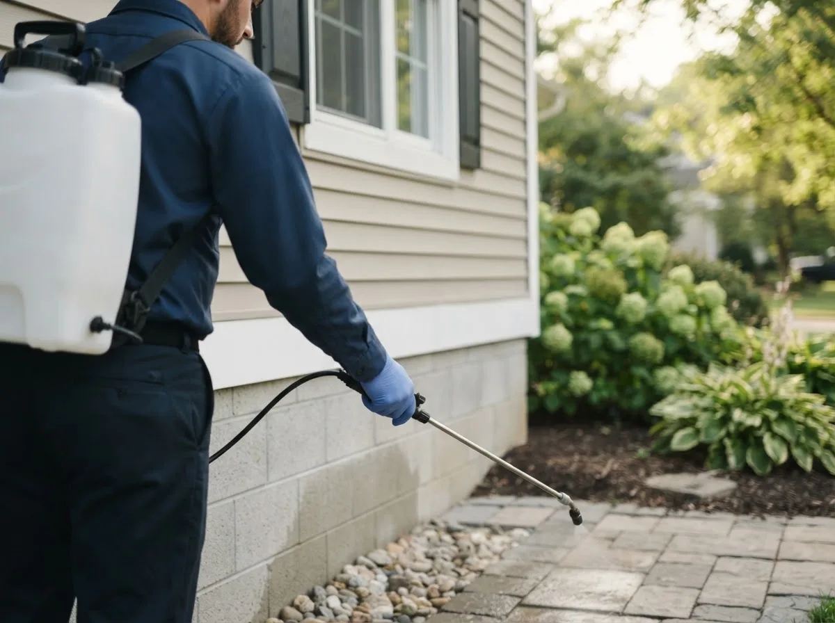 Pest control technician inspecting a home in Lodgepole, NE